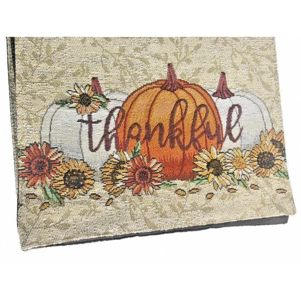 Thanksgiving Table Runner Tapestry Thankful Pumpkin Sunflower Leaves 13x72 Fall
